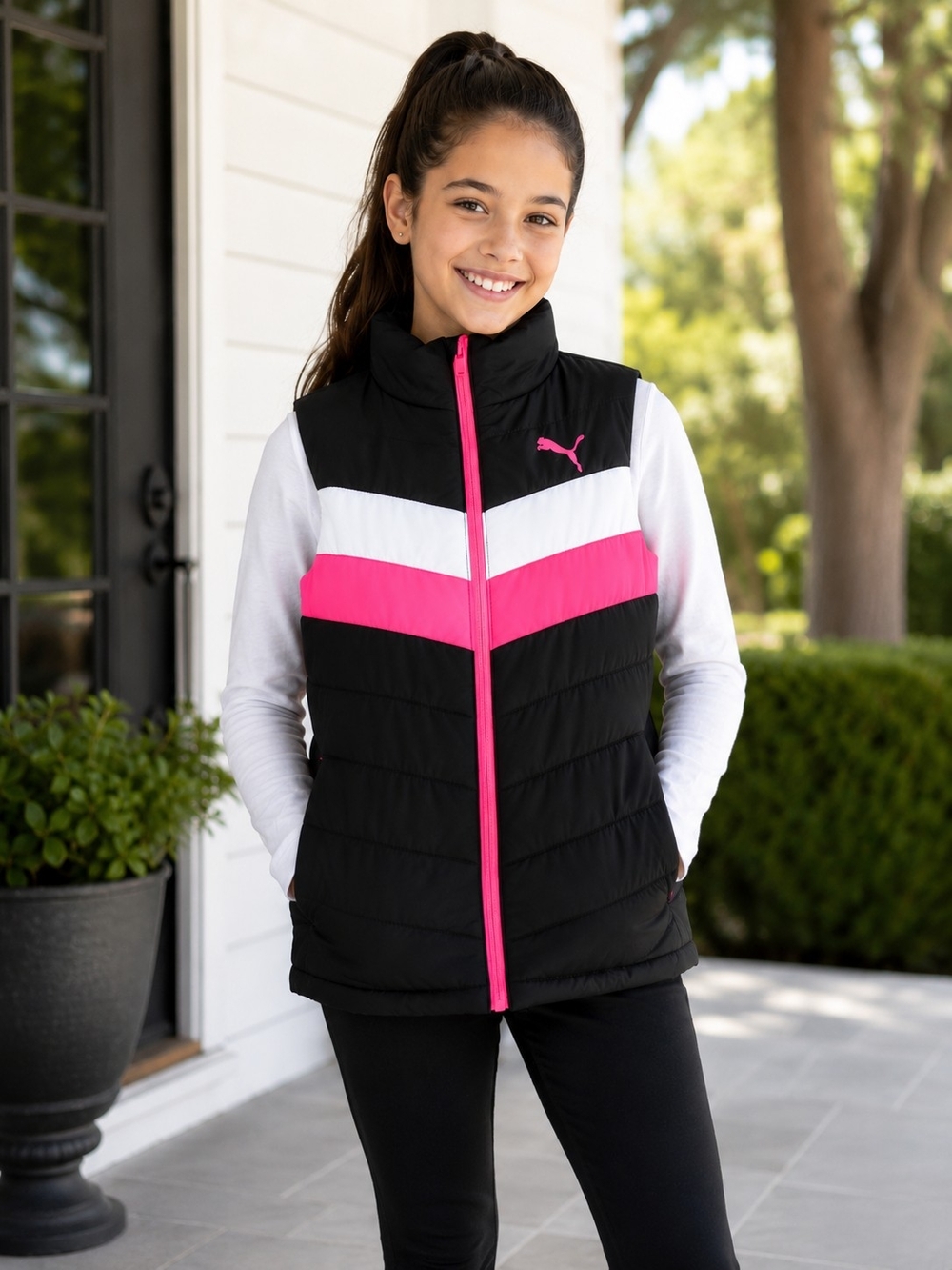 PUMA Girls M 10/12 Black Pink White Colorblock Puffer Vest Full Zip